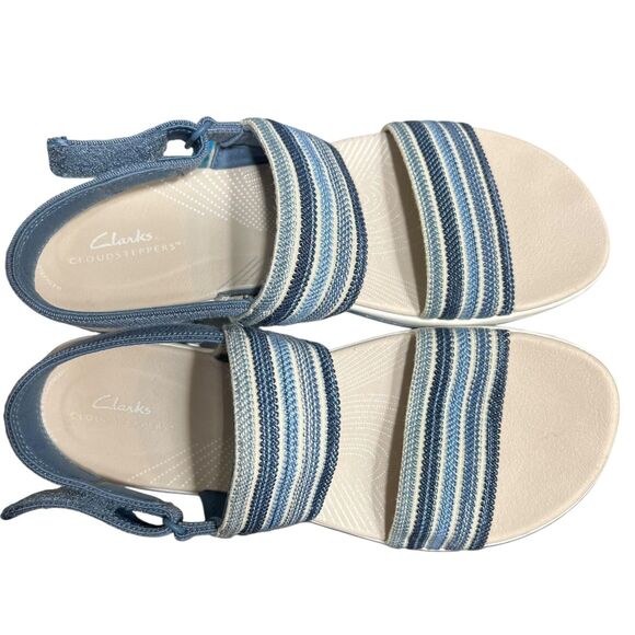 Clarks Cloudsteppers Sandals Womens Size 10 Blue White Striped Slingback Wedge - Picture 8 of 13